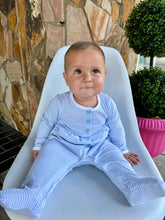 Load image into Gallery viewer, Baby Blue Striped Henley Footed Sleeper