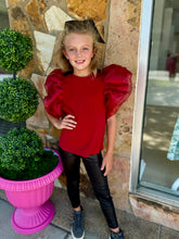 Load image into Gallery viewer, Girls Game Day Large Ruffle Sleeve Top- Burgundy
