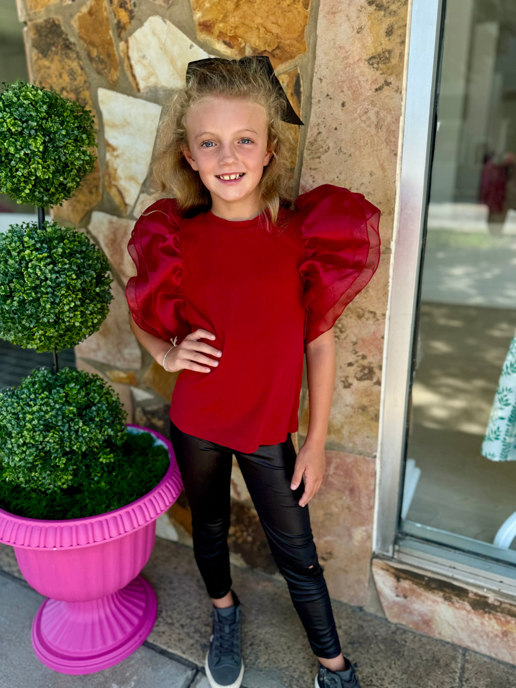 Girls Game Day Large Ruffle Sleeve Top- Burgundy