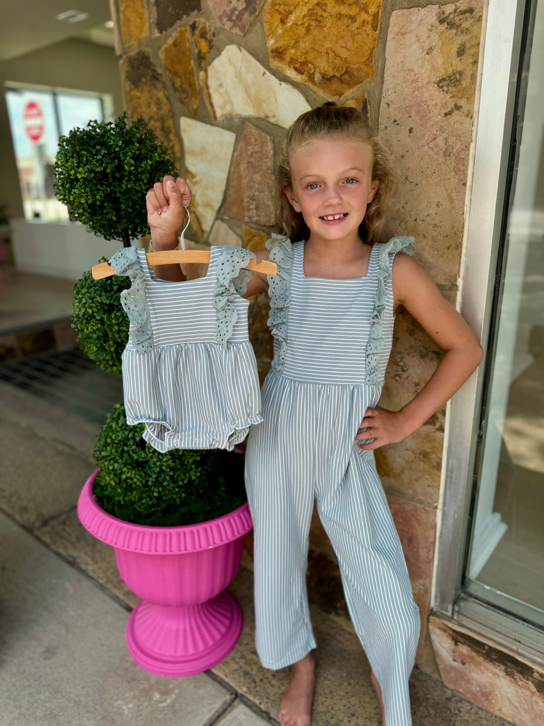 Sage Striped Eyelet Ruffle Jumpsuit