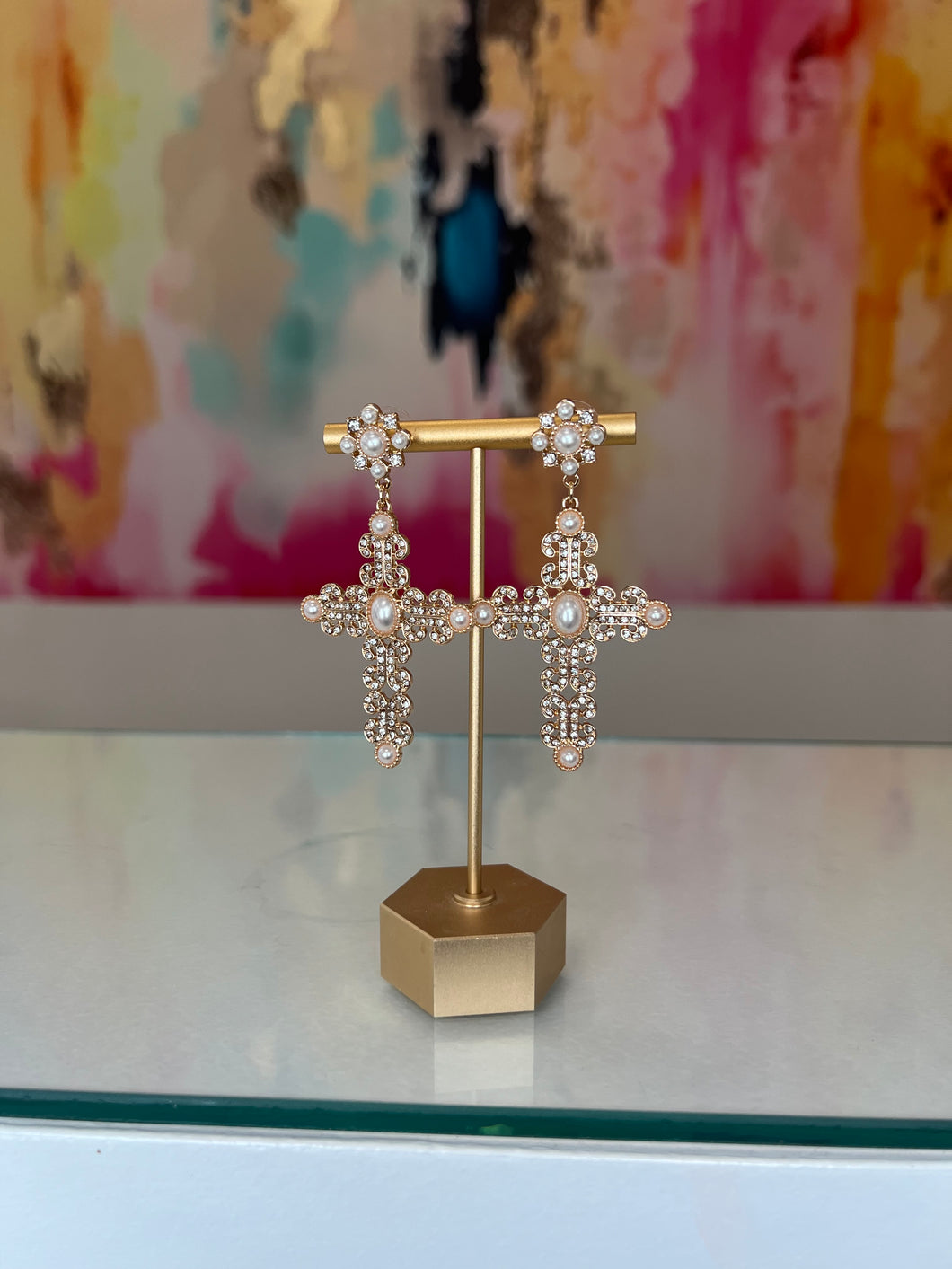 Diamond & Pearl Cross Earrings