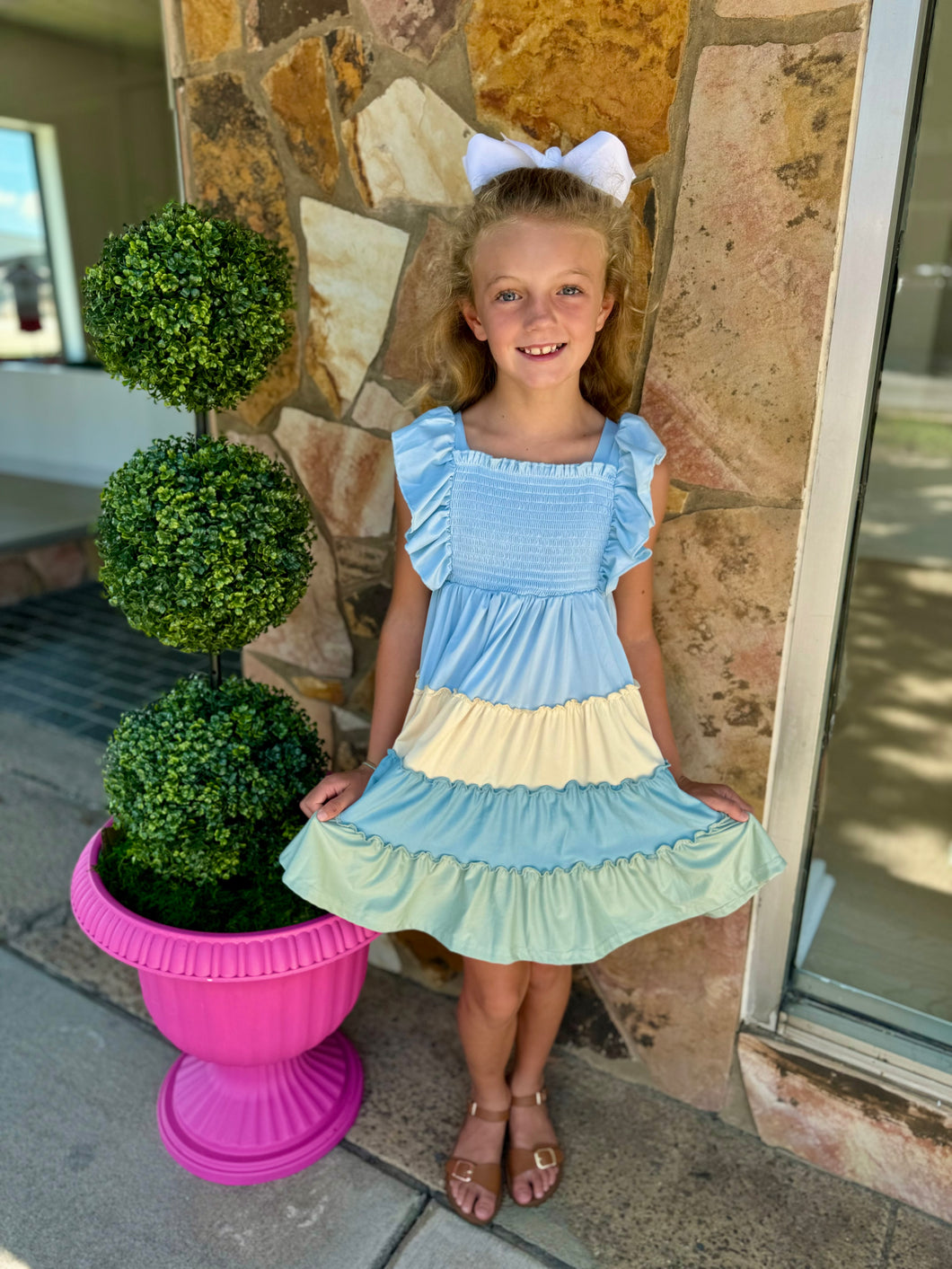 Tiered Color Blocked Blue Dress