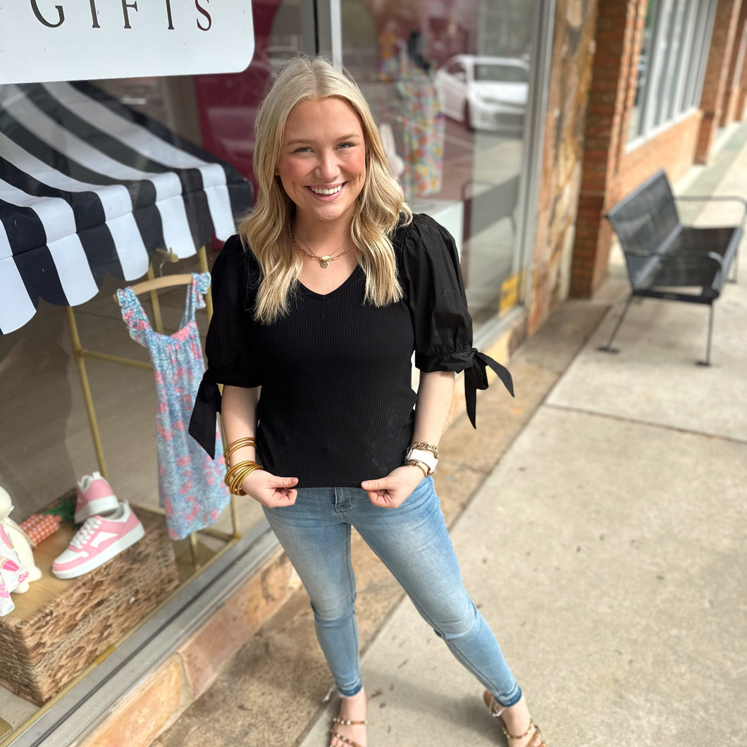 Black Ribbed Puff Sleeve Top