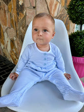 Load image into Gallery viewer, Baby Blue Striped Henley Footed Sleeper
