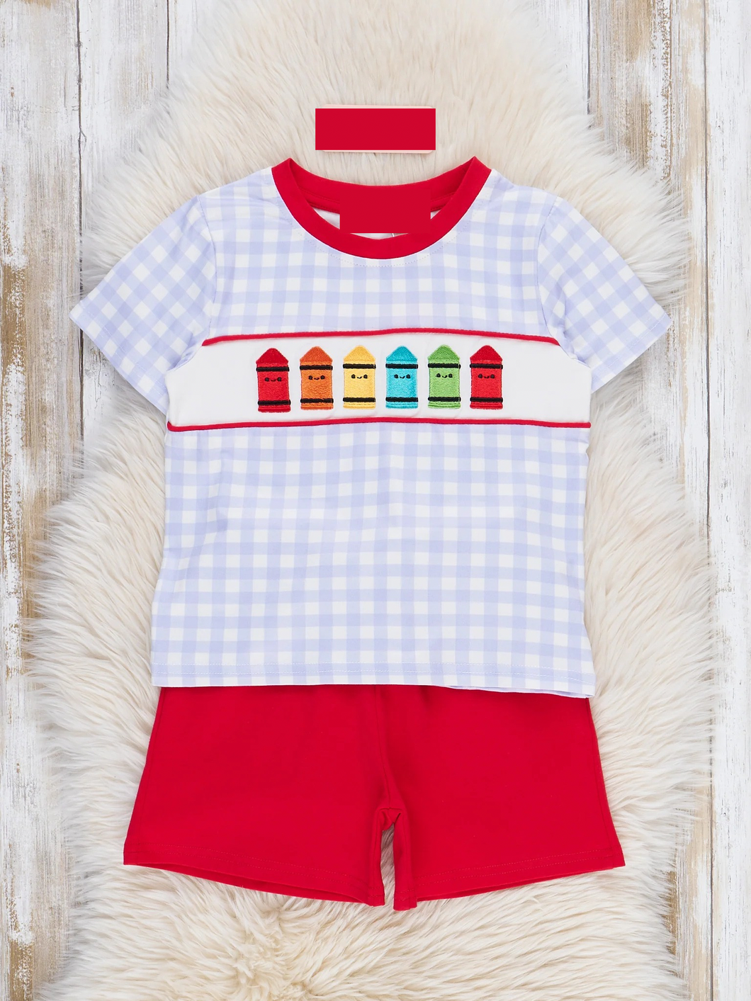 Bright Crayons Embroidered Gingham Set- Boys