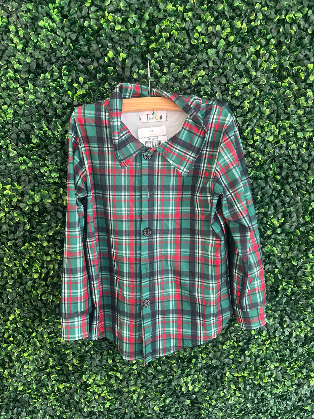 Green Christmas Plaid Checkerboard Spiders Button Up