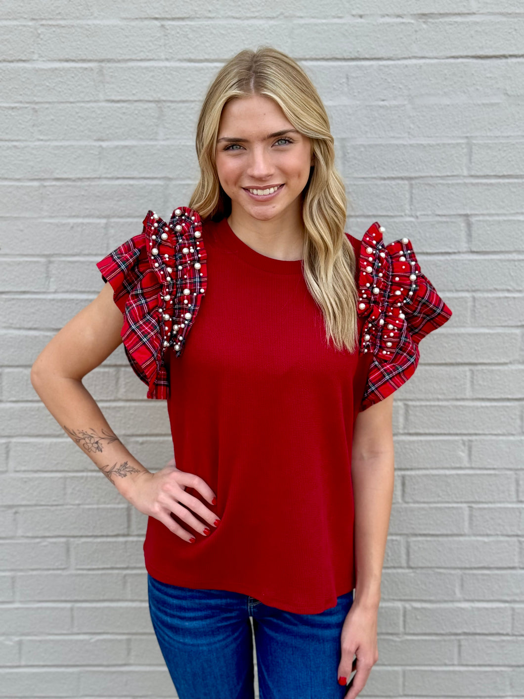 Touch of Plaid & Pearls Top