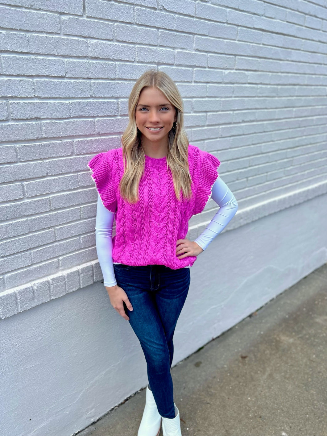 Fuchsia &White Ruffle Sweater