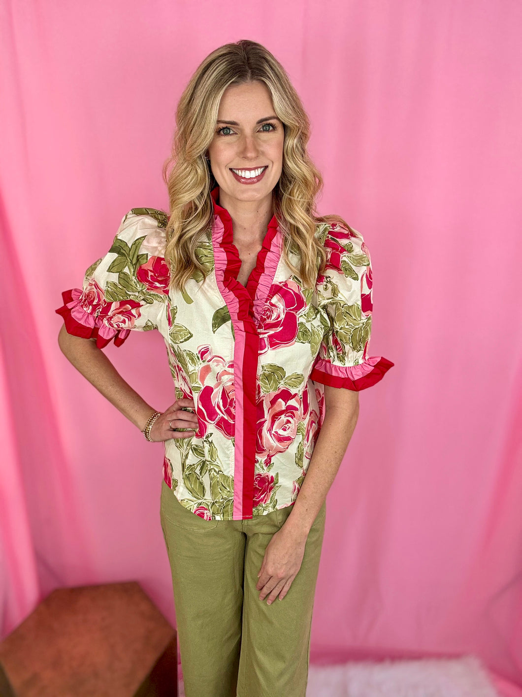 Connie's Cream & Pink Floral Top