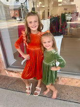 Load image into Gallery viewer, Pumpkin Spice Velvet Ruffle Twirl Dress
