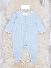 Load image into Gallery viewer, Baby Blue Striped Henley Footed Sleeper
