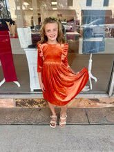 Load image into Gallery viewer, Pumpkin Spice Velvet Ruffle Twirl Dress
