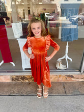Load image into Gallery viewer, Pumpkin Spice Velvet Ruffle Twirl Dress
