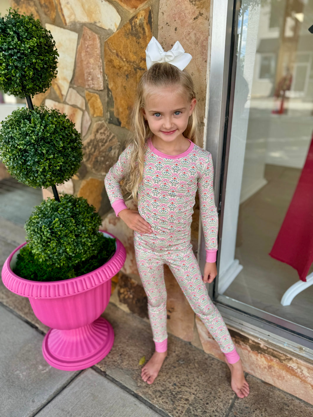 Pink Bow Floral Bamboo Pj Set
