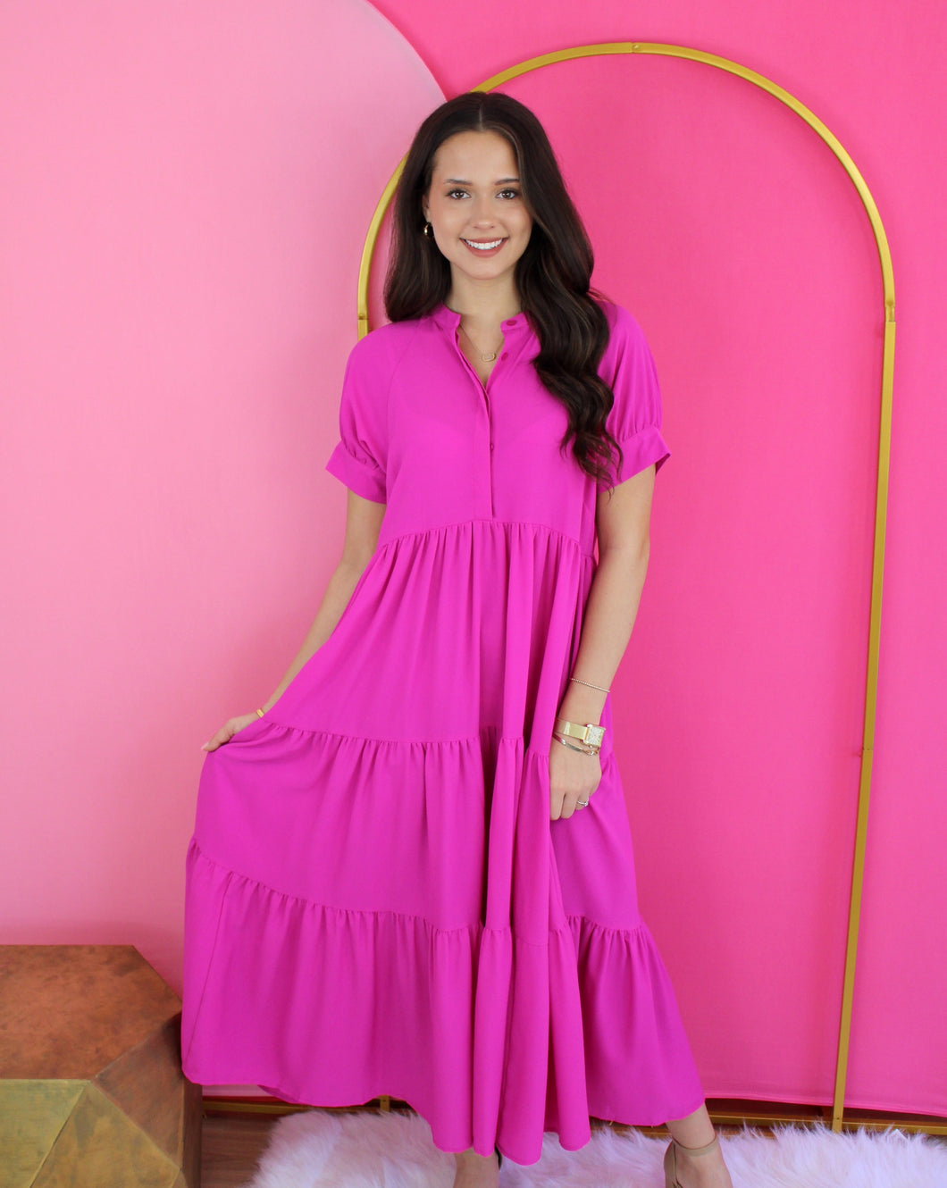 Magenta Tiered Midi Dress