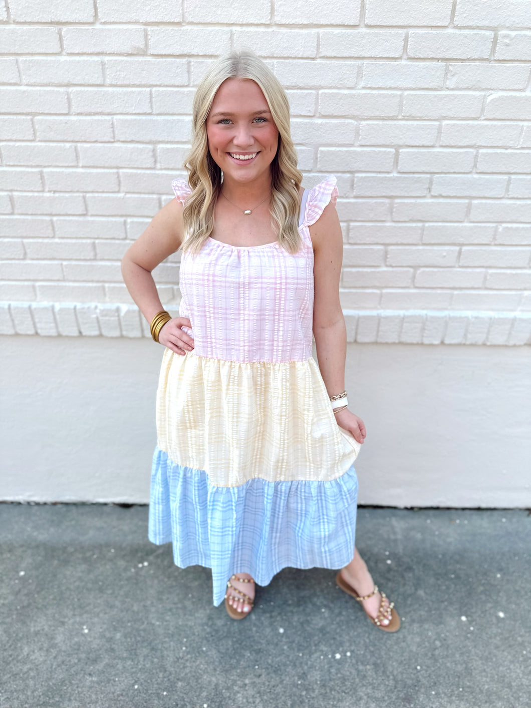 Three Tiered Color Block Dress-Pink Multi